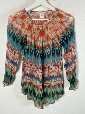 Sundance Womens Multicolor Sheer Silk Blouse 3/4 Sleeve Button Down Top Small